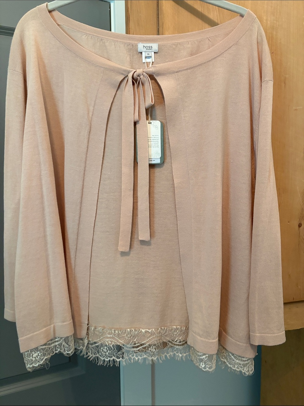 Hoss TAN -Pieach  undertone Lace-Hem Tie-Neck Cardigan